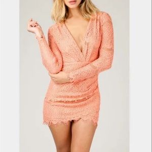 ANGL Peach Lace Deep V Neck Long Sleeve Mini Dress Sz Medium